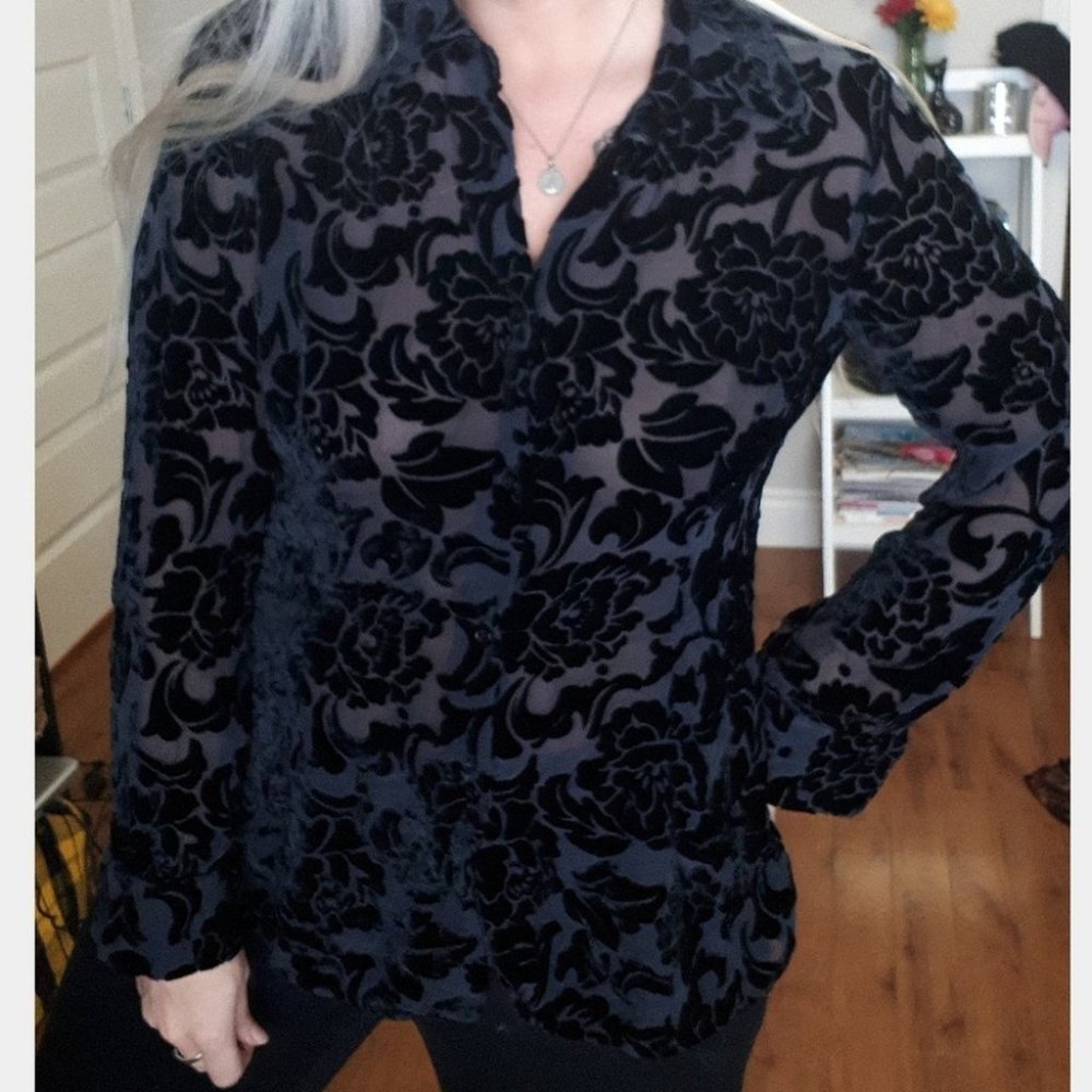 Vintage Black Floral Burnout Velvet Blouse